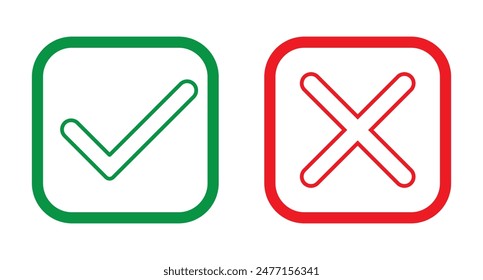 Check mark and wrong mark icon design with stroke line. Set of red X and green check mark icon with stroke line. Tick and cross checkmark icon. Yes and no buttons.  Vector illustration.