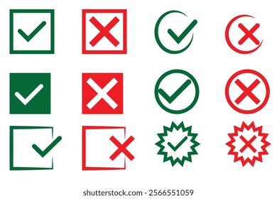 Check mark and wrong mark icon design. Tick and cross checkmark icon. Yes and no buttons. Yes and no buttons, check mark icons. Set of red X and green check mark icons. Vector illustration.