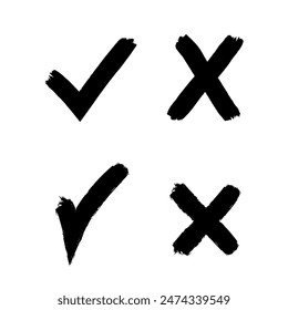 Check mark and X cross hand drawn symbol set. Grunge design elements for correct and incorrect answer.