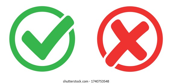 Check mark and X mark icon. Checkmark and x mark icon for apps and websites. Green and red check mark icon on white background - stock vector.
