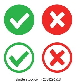 Marcar y marcar X. Icono de marca de verificación y marca x para aplicaciones y sitios web. Icono de marca de verificación verde y rojo sobre fondo blanco - vector de stock.