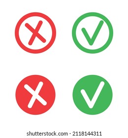 Check mark and X mark icon. Checkmark and x mark icon for apps and websites. Green and red check mark icon on white background - stock vector.