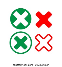 Marcar y marcar X. Icono de marca de verificación y marca x para aplicaciones y sitios web. Icono de marca de verificación verde y rojo sobre fondo blanco - vector de stock.