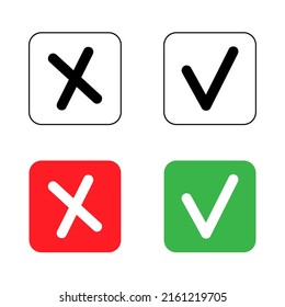 Check mark and X mark icon. Checkmark and x mark icon for apps and websites. Green and red check mark icon on white background - stock vector.