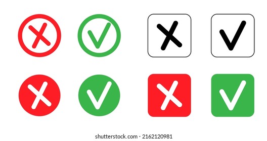 Check mark and X mark icon. Checkmark and x mark icon for apps and websites. Green and red check mark icon on white background - stock vector.