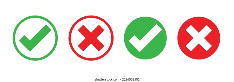 Check mark and X mark icon. Checkmark and x mark icon for apps and websites. Green and red check mark icon on transparent background. Vector illustration