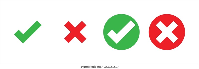 Check mark and X mark icon. Checkmark and x mark icon for apps and websites. Green and red check mark icon on transparent background. Vector illustration