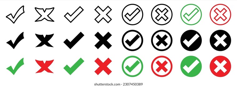 Check mark and X mark icon. Checkmark and x mark icon for apps and websites. Green and red check mark icon on transparent background. Vector illustration