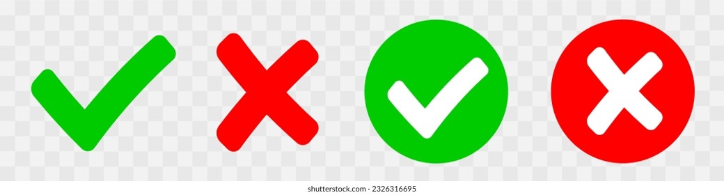 Check mark and X mark icon. Checkmark and x mark icon for apps and websites. Green and red check mark icon on white background - stock vector.