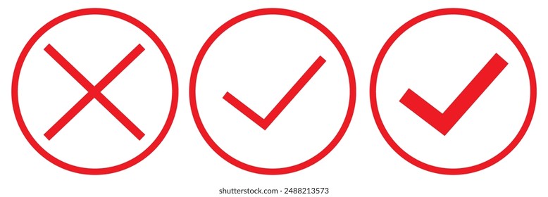 Check mark and X mark icon. Checkmark and x mark icon for apps and websites. Green and red check mark icon on transparent background. Vector illustration
