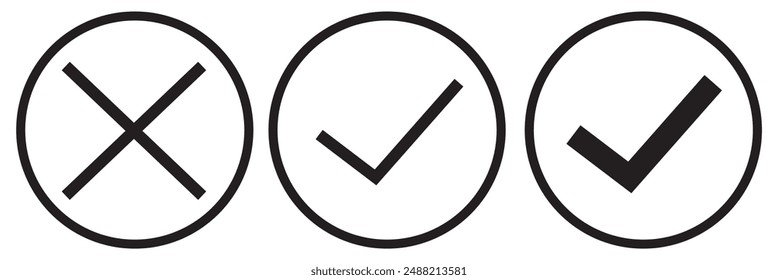 Check mark and X mark icon. Checkmark and x mark icon for apps and websites. Green and red check mark icon on transparent background. Vector illustration