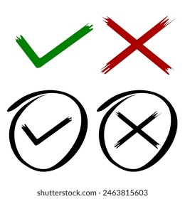 Häkchen- und X-Markensymbol im flachen Stil. Häkchen und ein Markierungssymbol für App und Websites. Grünes und rotes Häkchensymbol auf weißem Hintergrund. Kollektion von Vektorgrafiken.