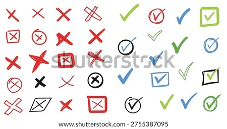 Check mark and x mark icon set, hand drawn style icon