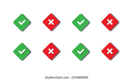 Check mark and X mark icons. Green and red validation buttons with shadows. Flat vector illustration.