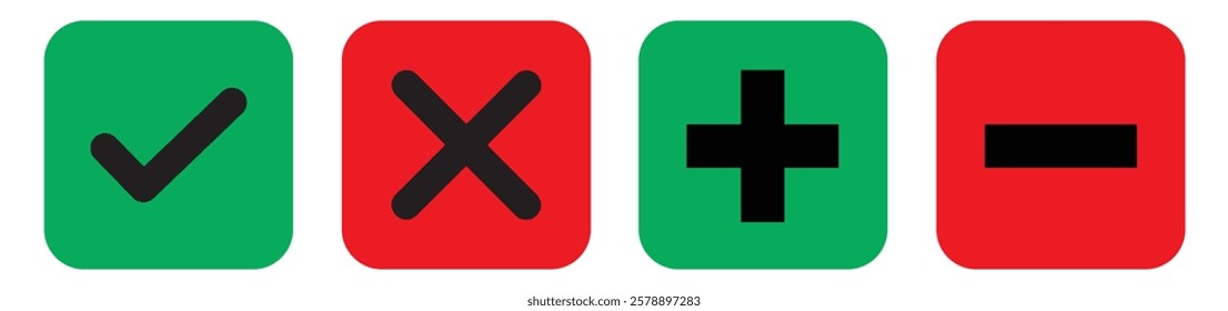 Check mark, x mark, plus and minus symbol set in square shape. Vector illustration.