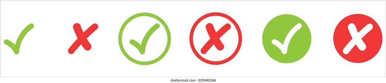 Check mark and x set icon. Simple web buttons. Checkmarks and x or confirm. Round checkmark.	