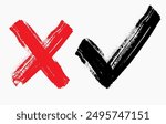 Check mark and x sign. Yes no graphic symbols. Voting for and against concept. Grunge cross. Brush strokes distressed texture. Vector illustration. Painted objects isolated on white background..eps8