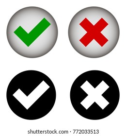 Check mark and X mark. Tick symbol.  Mark button icon. Vector sign.