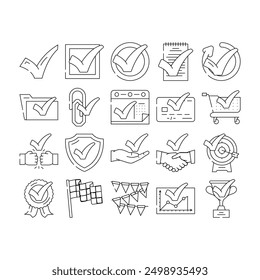 check mark yes correct icons set vector. choice checkmark, ok vote, tick button, right confirm, green checklist, approved check mark yes correct black contour illustrations