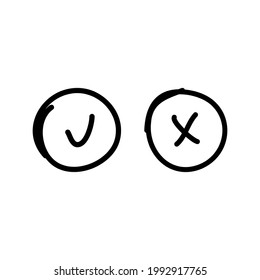 Marcar, dibujar a mano los iconos.Marcar y marcar marcas de verificación cruzadas conjunto de iconos. Ilustración vectorial.Fondo blanco.Aislado.