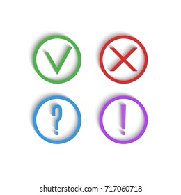 Check marks 3D icons. Green checkmark, red cross, exclamation mark and question mark. A collection of disambiguation tick for the test, questioning, exam.