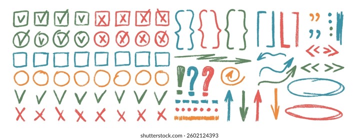 Check marks, arrow doodle set. Crayon underlines, quotation marks, brackets and signs. Scribble pencil emphasis note highlights. Vector hand drawn collection illustration isolated on white background.