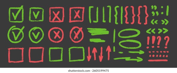 Check marks, arrow doodle set. Marker underlines, quotation marks, brackets and signs. Scribble pencil emphasis note highlights. Vector hand drawn collection illustration isolated on dark background.