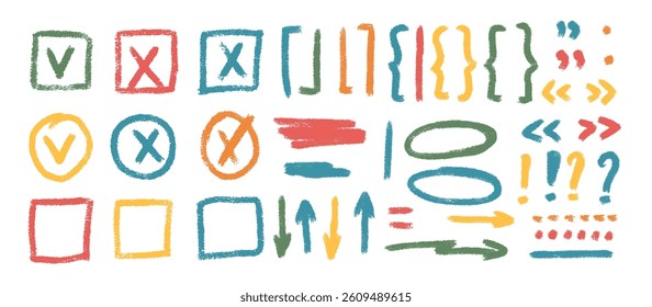Check marks, arrow doodle set. Crayon underlines, quotation marks, brackets and signs. Scribble pencil emphasis note highlights. Vector hand drawn collection illustration isolated on white background.