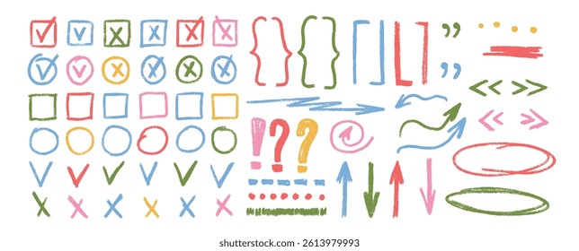 Check marks, arrow doodle set. Crayon underlines, quotation marks, brackets and signs. Scribble pencil emphasis note highlights. Vector hand drawn collection illustration isolated on white background.