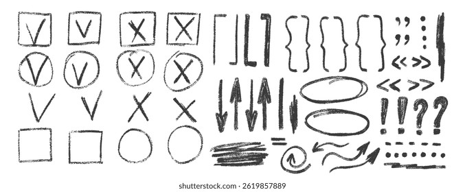 Check marks, arrow doodle set. Crayon underlines, quotation marks, brackets and signs. Scribble sketch pencil emphasis note highlights. Vector hand drawn illustration isolated on white background.