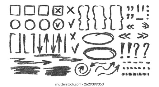 Check marks, arrow doodle set. Pencil drawn underlines, quotation marks, brackets and signs. Scribble sketch pencil emphasis note highlights. Vector freehand illustration isolated on white background.