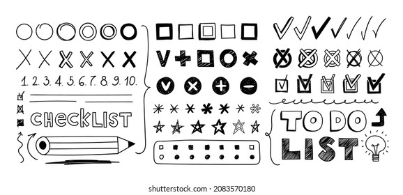 Check marks asterisks checkboxes. Set of doodle checklist, outline and shaded signs and symbols. Hand-drawn Vector illustration of isolated check marks, crosses, brackets on a white background