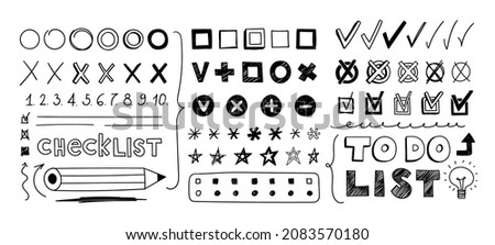 Check marks asterisks checkboxes. Set of doodle checklist, outline and shaded signs and symbols. Hand-drawn Vector illustration of isolated check marks, crosses, brackets on a white background