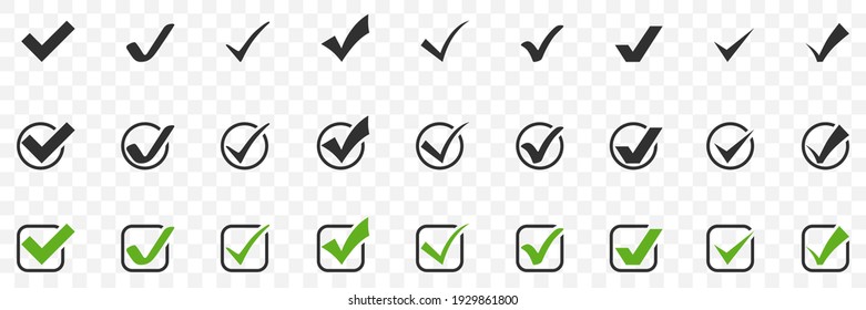 Marque la colección grande. Marque un icono. Marcas diferentes, aisladas. Marcas de verificación en diseño plano simple. Ilustración del vector