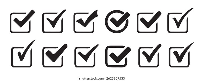 Markiert eine große Sammlung. Symbol auswählen. Unterschiedliche Häkchen, Häkchensymbole gesetzt. Vektorgrafik eps 10