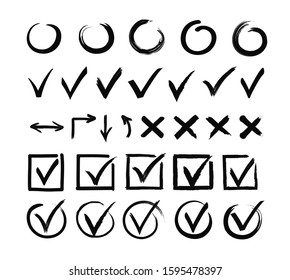 Check marks black ink simple illustrations set. Signs isolated on white background collection. Approval, choice, yes symbols.Tick, circle, cross, arrows doodle, hand drawn design elements.