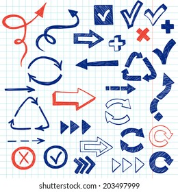 Check marks, check boxes and arrows drawn with chalk in a doodled style on squared notebook paper background.