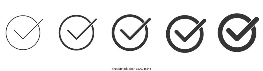Check marks in a circle. Black tick icons isolated. Approved linear symbol. Vector illustration.