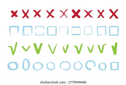 Check marks collection. Approve false reject signs geometrical square and circle shapes vector symbols