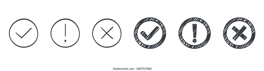 Comprobar la colección de marcas. Dibujar iconos de marcas de verificación. Iconos de la casilla de verificación y marcas de verificación de esbozo. Ilustración del vector