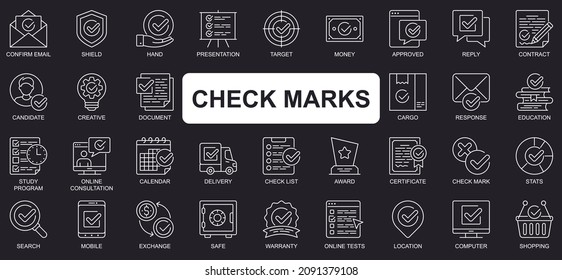 Check marks concept simple line icons set. Bundle of email, shield, hand, presentation, target, money, approved, reply, contract and other. Vector pack outline symbols for website or mobile app design