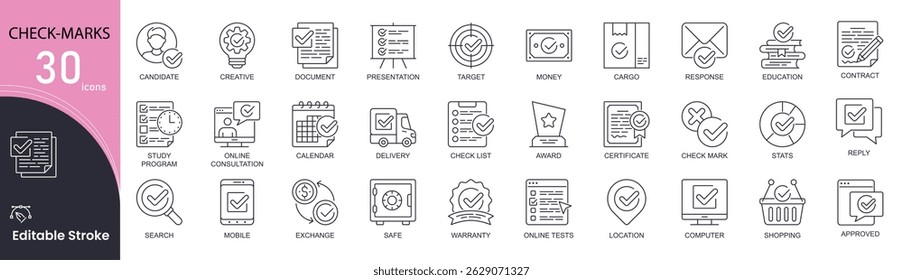 Concepto de marcas de verificación conjunto de iconos de línea simple. Paquete de correo electrónico, escudo, mano, presentación, objetivo, dinero, aprobado, respuesta, contrato y otros. Trazo editable. Iconos de contorno.