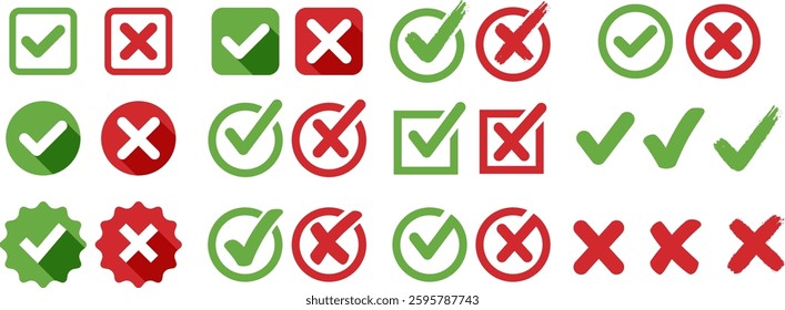 Check marks and cross mark icon set. Tick and cross button. Accepted or rejected, true or false, right or wrong, yes or no signs symbol.