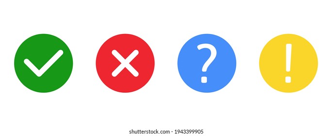 Check marks and cross mark set. Exclamation and question marks. Green tick and red cross in circle shape. YES or NO symbol. Concept of checklist, reject or accept. Quiz banner. Vector illustration.