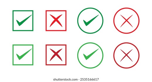 Check marks cross and right symbol on a white background, checkmark icon set, checkmark tick sign and cross sign, flat symbol of test questions