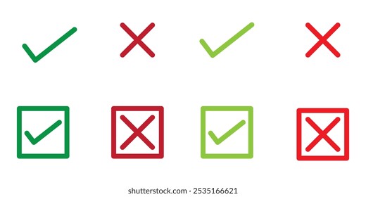 Check marks cross and right symbol on a white background, checkmark icon set, checkmark tick sign and cross sign, flat symbol of test questions