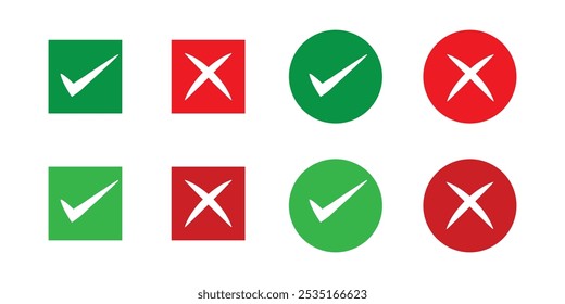 Check marks cross and right symbol on a white background, checkmark icon set, checkmark tick sign and cross sign, flat symbol of test questions