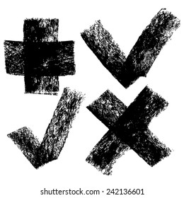 Check marks and cross set, freehand artistic style, painterly hand drawn symbols, vector, isolated