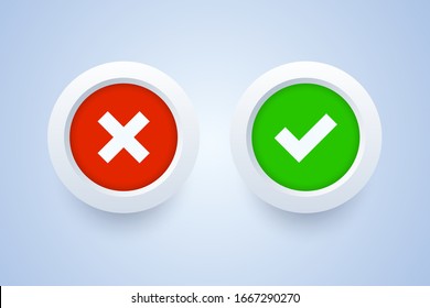 Check marks - cross sign and tick sign. Vector illustration in 3d style.