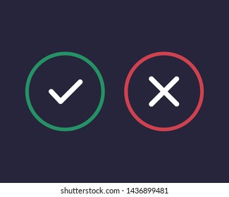 Check marks and cross web symbols, buttons. Web application elements, user interface, buttons on a dark background.  Vector illustration. EPS 10